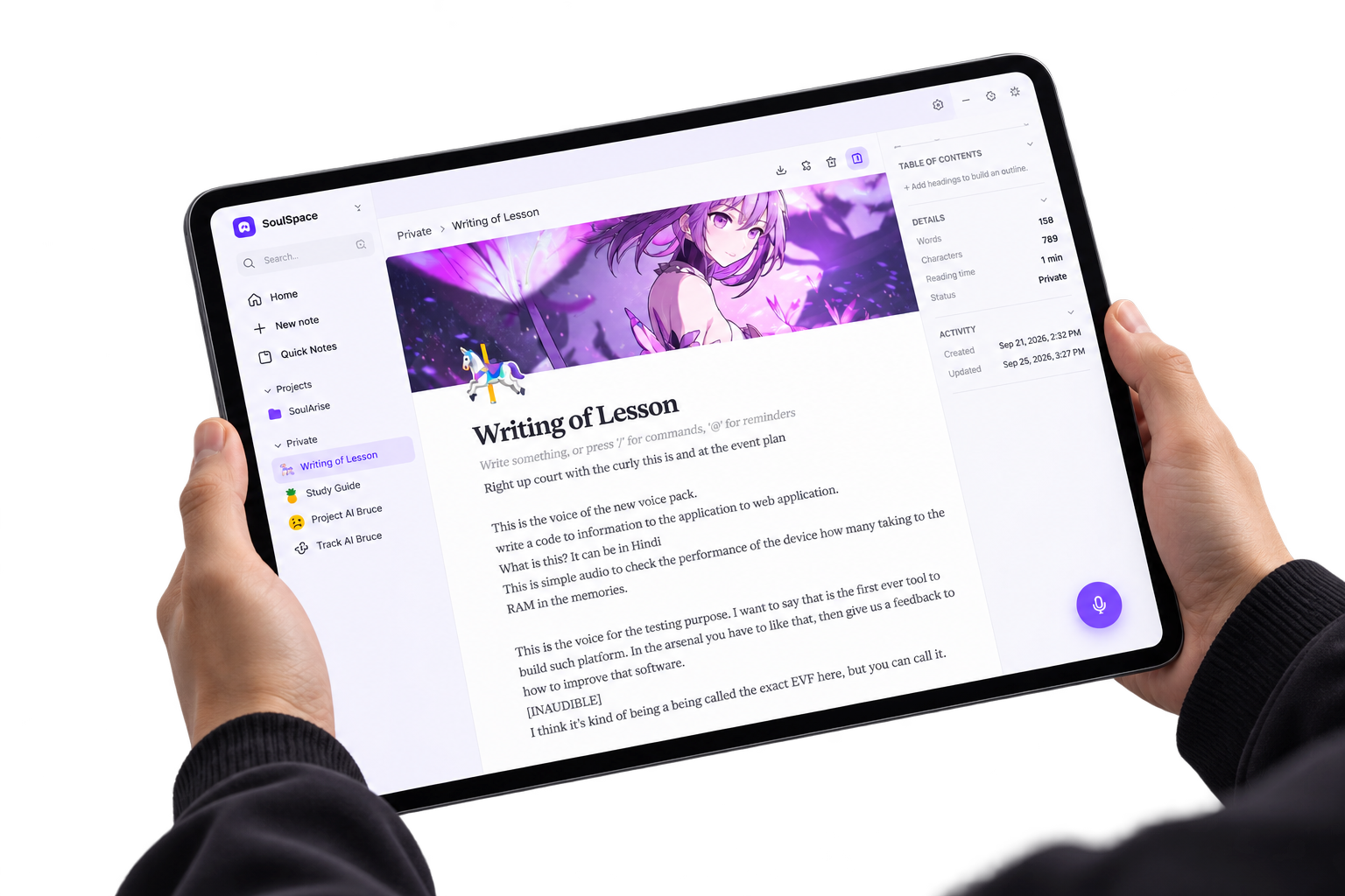 Hands holding SoulSpace productivity tablet